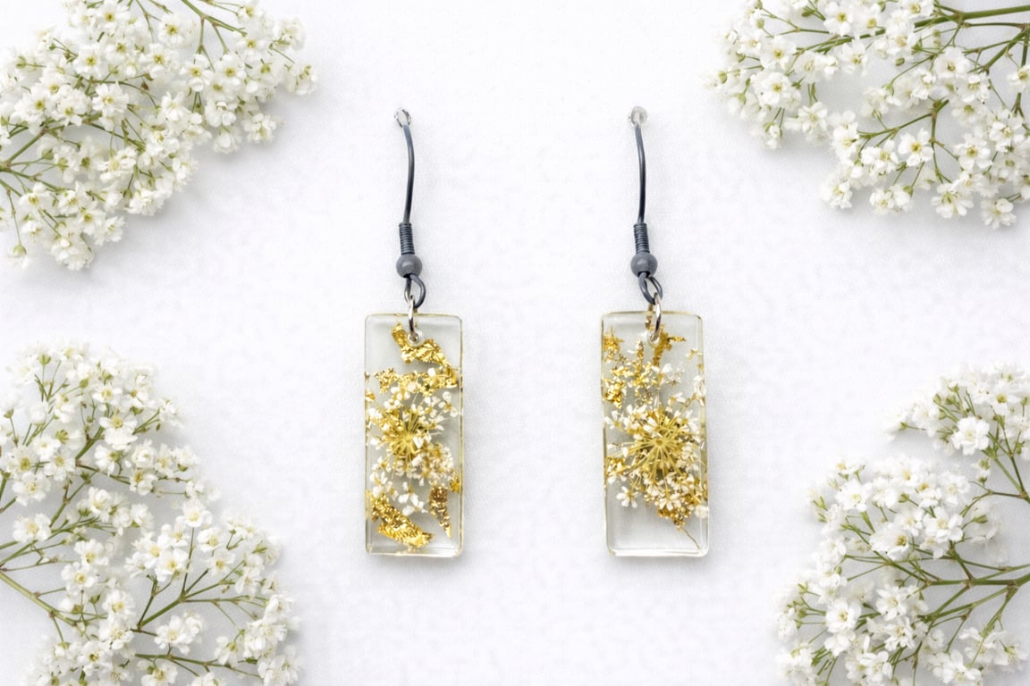 Small White Flower Dangle Rectangle Resin Earrings with Gold Leaf