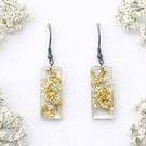 Small White Flower Dangle Rectangle Resin Earrings with Gold Leaf