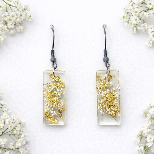 Small White Flower Dangle Rectangle Resin Earrings with Gold Leaf