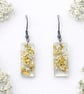 Small White Flower Dangle Rectangle Resin Earrings with Gold Leaf