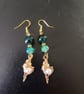 Gold and pearl detail shell charm dangle earrings with blue beads
