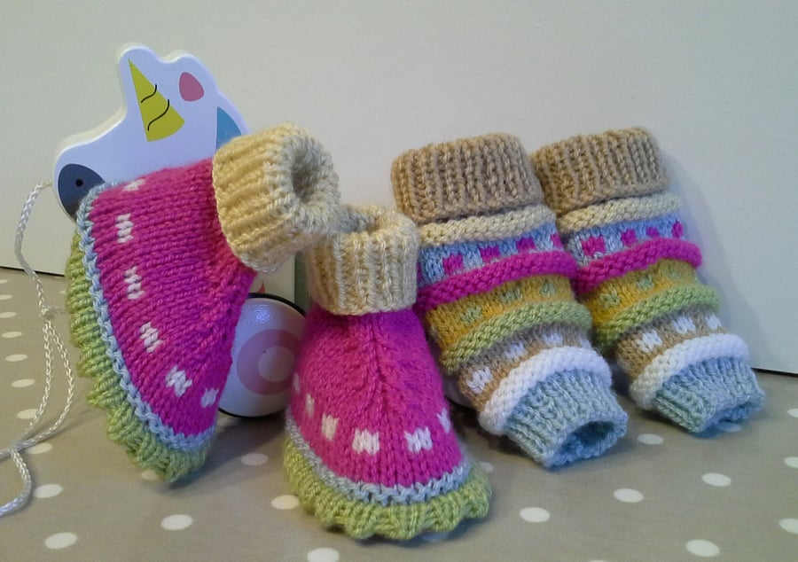 Baby Girl's Hand Knitted Booties and Leg Warmer Set  6-12 months size