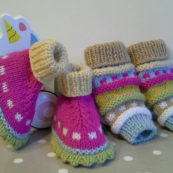 Baby Girl's Hand Knitted Booties and Leg Warmer Set  6-12 months size