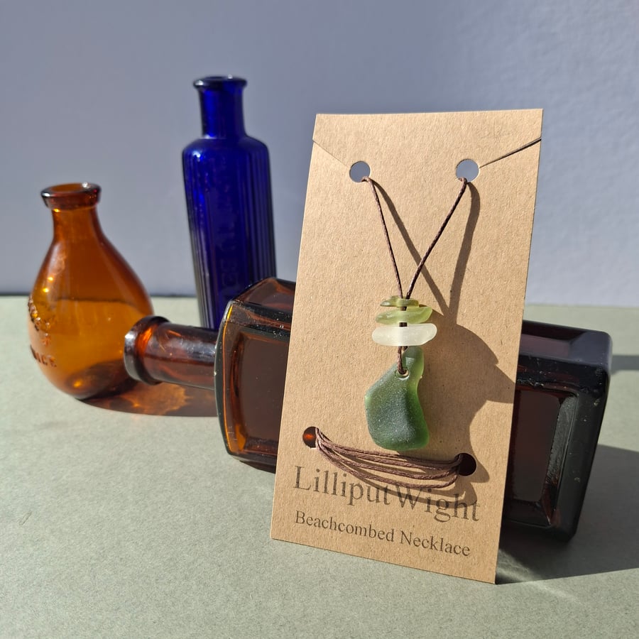 Beachcombed Necklace, Green and White Sea Glass on a Cotton Cord 
