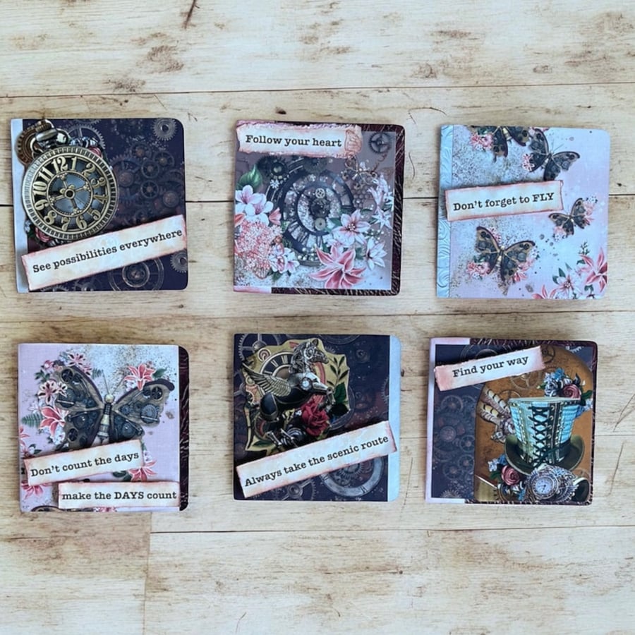 Set of 6 Assorted Shabby Chic Steampunk-Themed Inspirational Greetings Cards