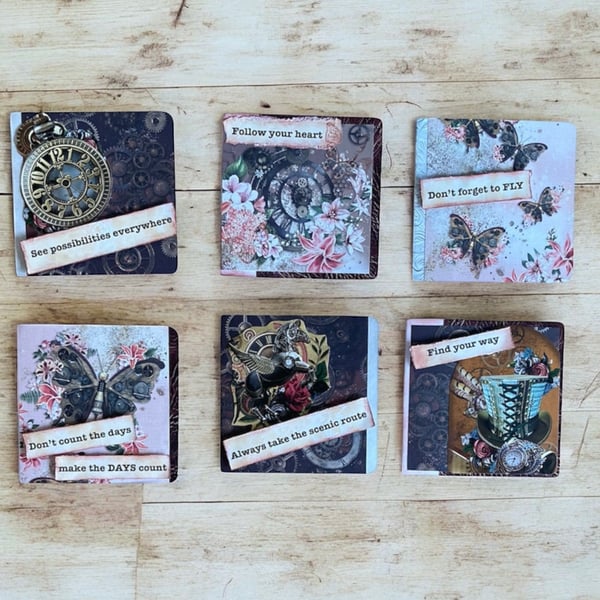 Set of 6 Assorted Shabby Chic Steampunk-Themed Inspirational Greetings Cards