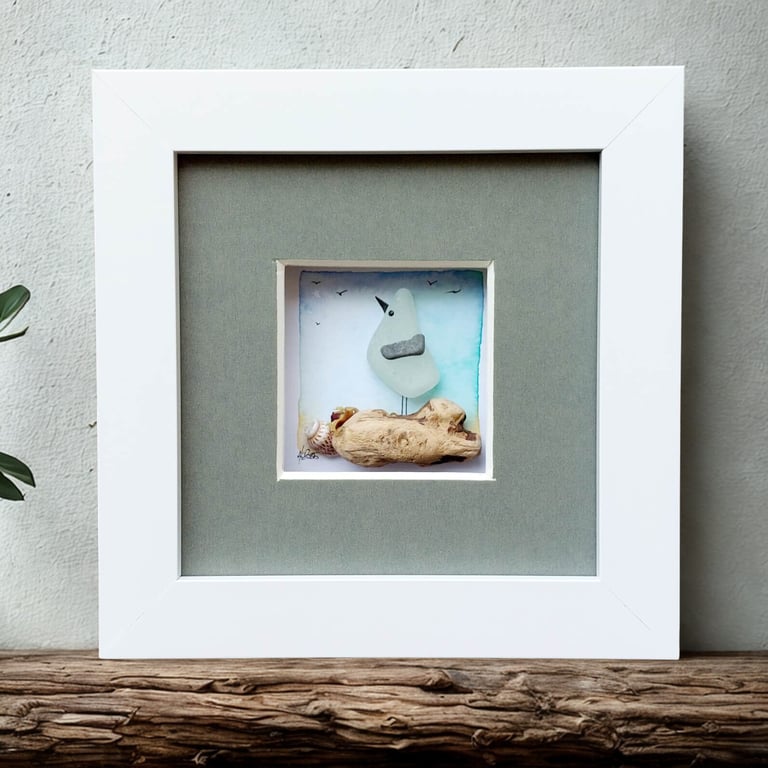 Seagull Desk Art - Original Watercolour - Framed Beach Glass Gift for Friends