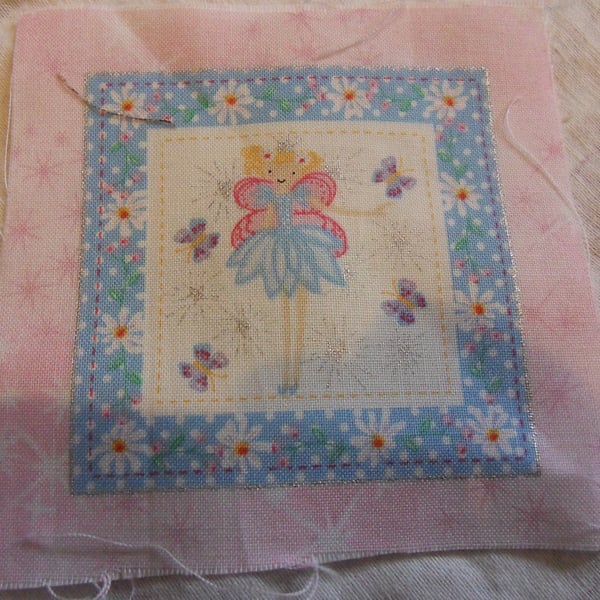 100% cotton fabric squares. Blue fairy, four butterflies (54)