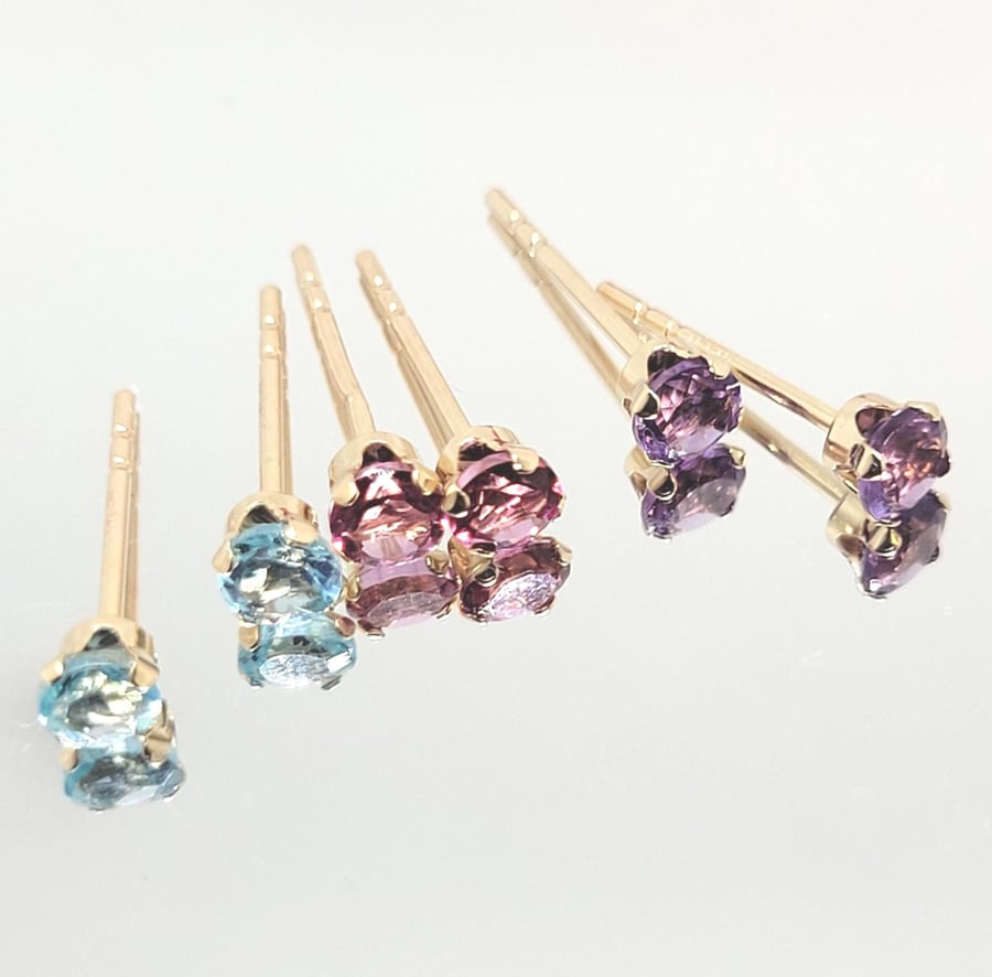 Dainty 14KT Gold Gemstone Earrings: Amethyst, Aquamarine, Pink Sapphire