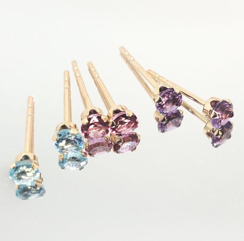 Dainty 14KT Gold Gemstone Earrings: Amethyst, Aquamarine, Pink Sapphire
