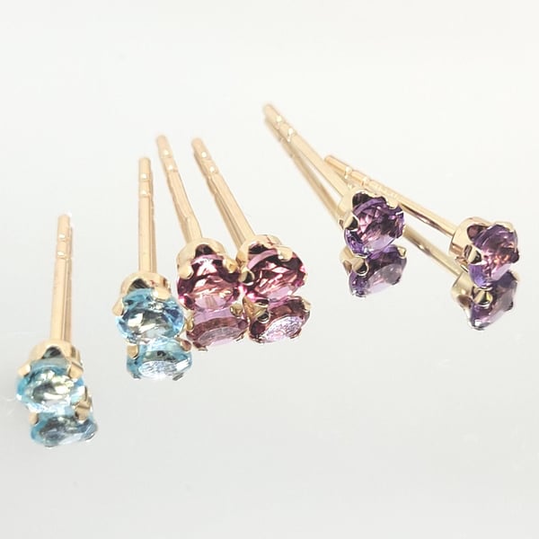 Dainty 14KT Gold Gemstone Earrings: Amethyst, Aquamarine, Pink Sapphire