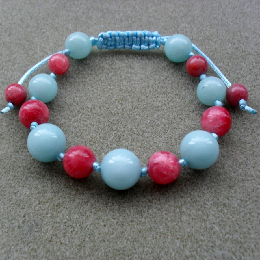 Aqua Blue and Strawberry Pink Gemstone Macrame Bracelet