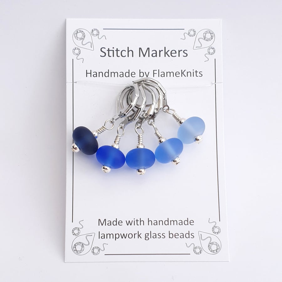 Lampwork Stitch Markers - Frosted Blue Gradient