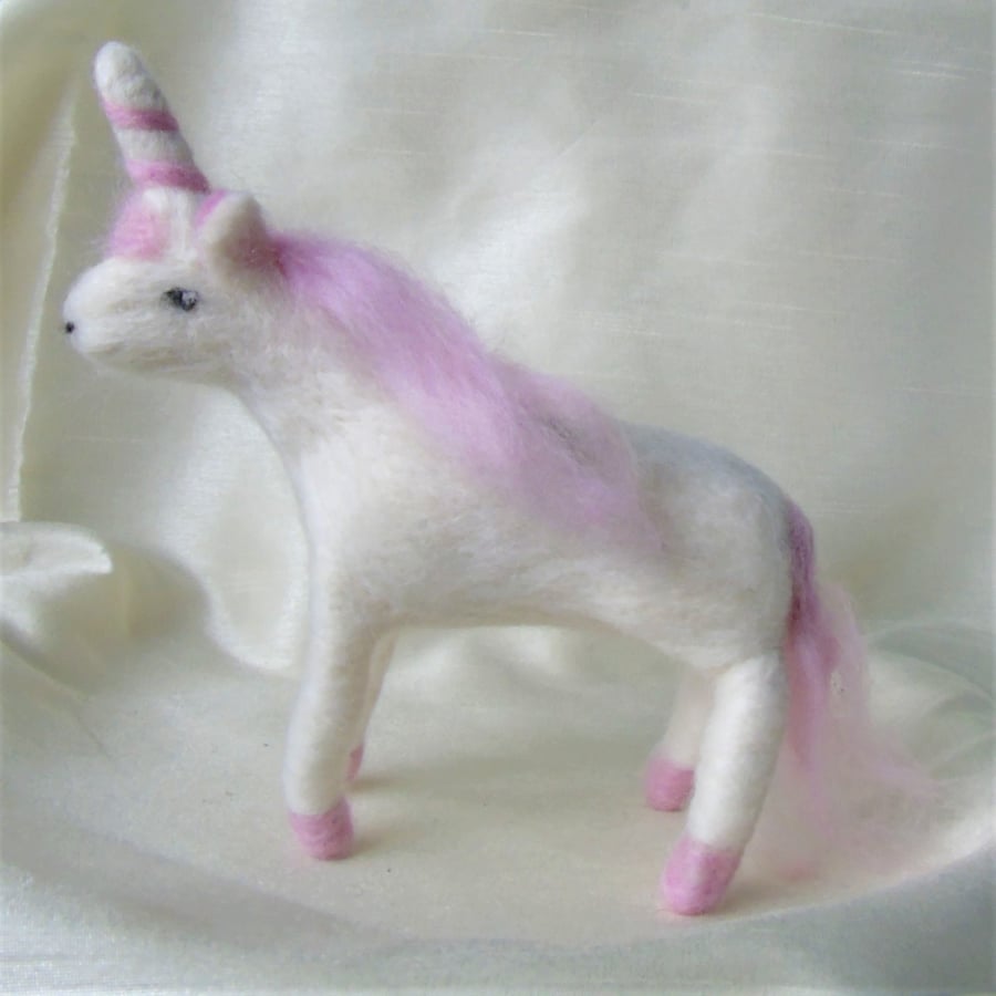 Sweet Unicorn, white and pink needle felt unicorn, 