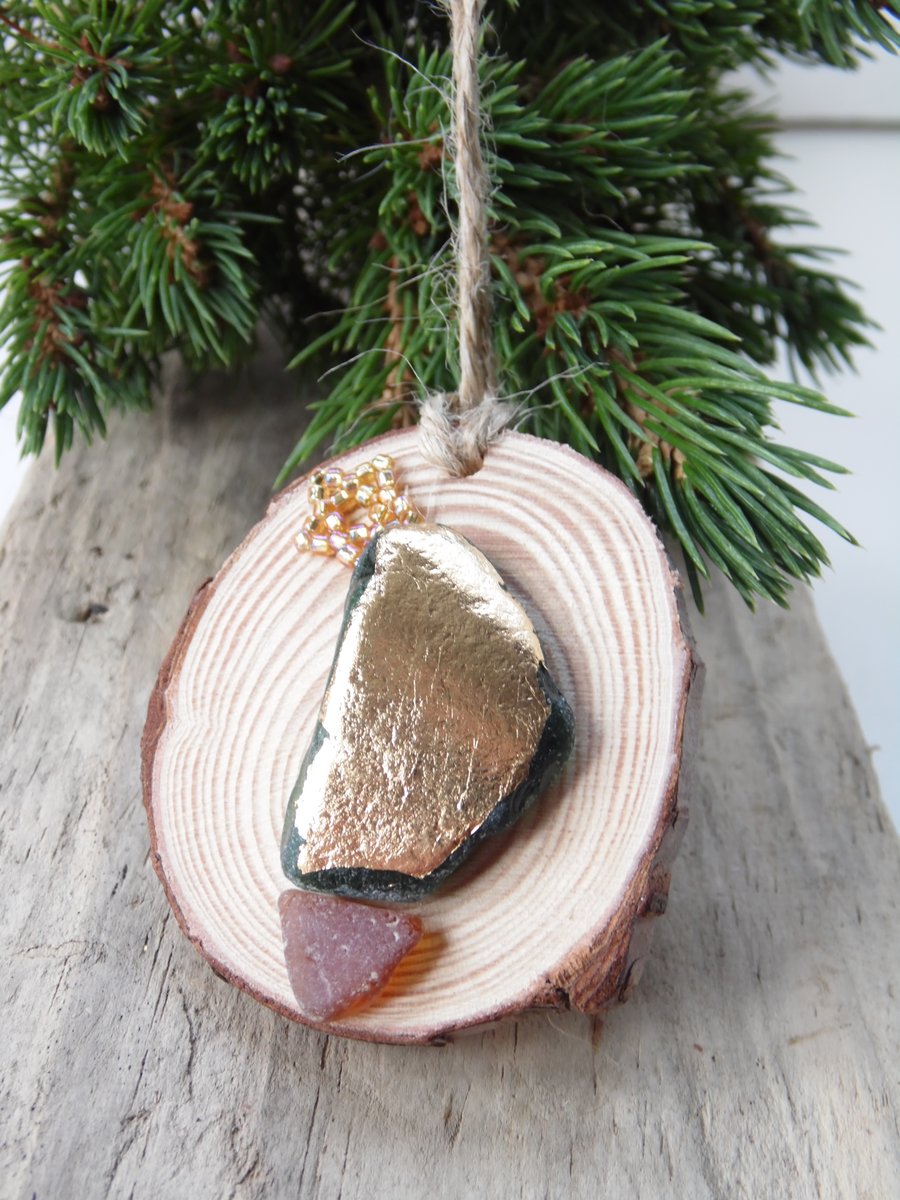 Sea Glass Gold Foil Christmas Tree Gold Beaded Star Christmas Decoration T104