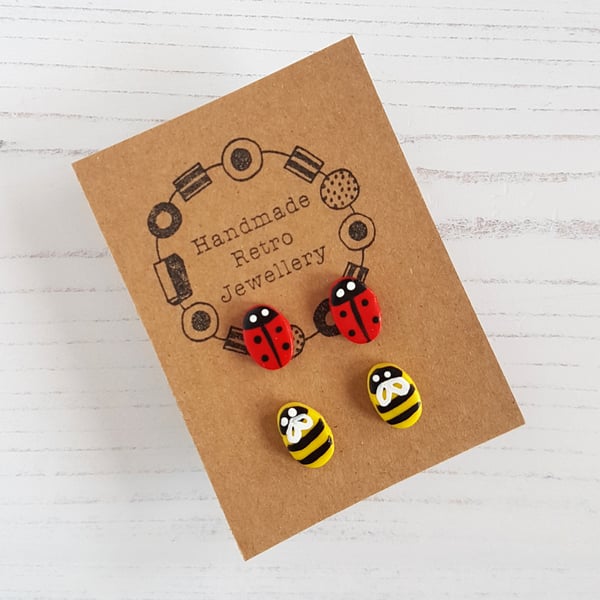 Insect ladybird and bee stud earrings OR mini hoops choose your style
