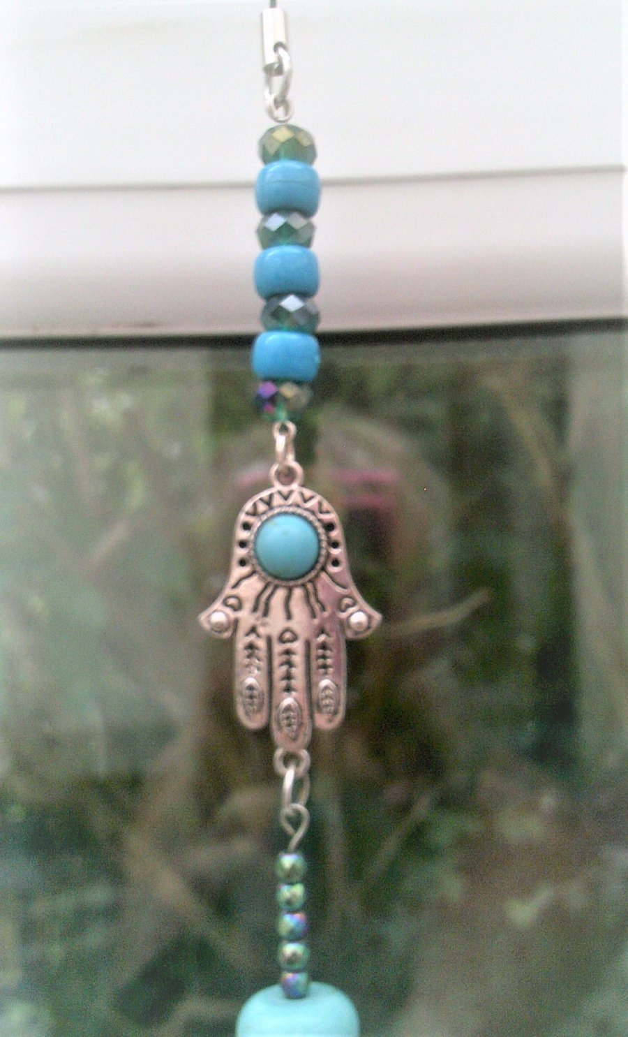 Hamsa Hand Suncatcher with Clear Quartz Crystal Beads and Angel, Feng Shui 
