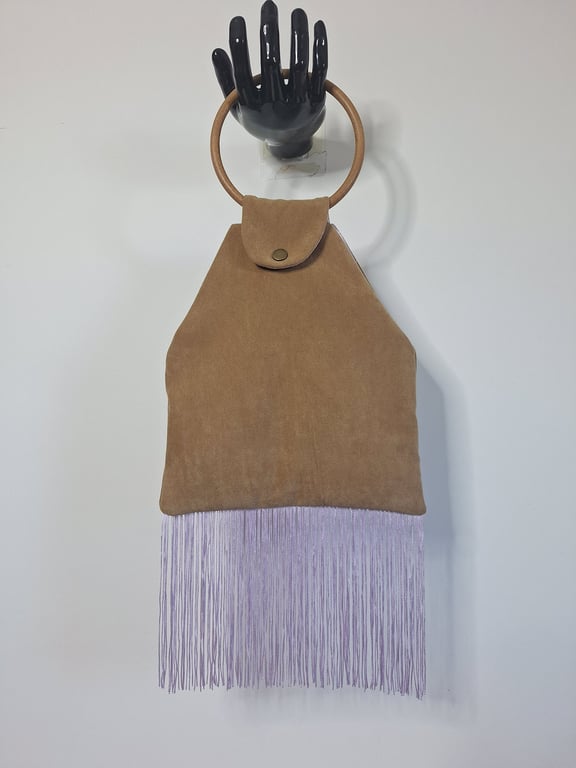 Brown Suede effect hoop handle bag with lilac satin lining. 