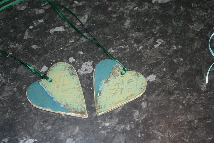 2 x Handmade blue & green heart ceramic hanging decoration