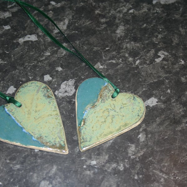 2 x Handmade blue & green heart ceramic hanging decoration