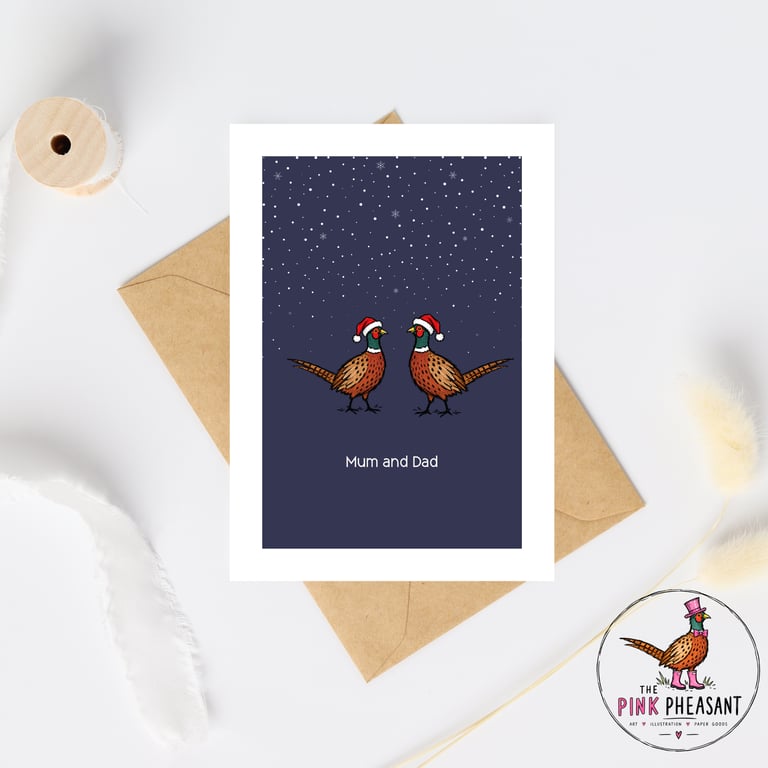 Mum and Dad Christmas Card - Pheasant Christmas Card - Hand Drawn A6 Xmas card