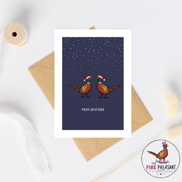 Mum and Dad Christmas Card - Pheasant Christmas Card - Hand Drawn A6 Xmas card