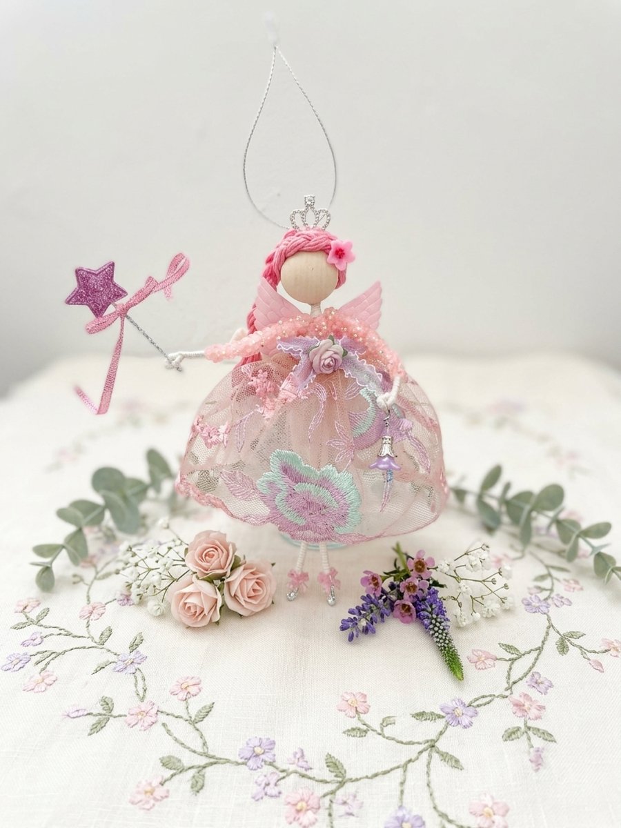Beautiful handmade pink hanging Fairy, Nursery wall art, new baby gift, doll art