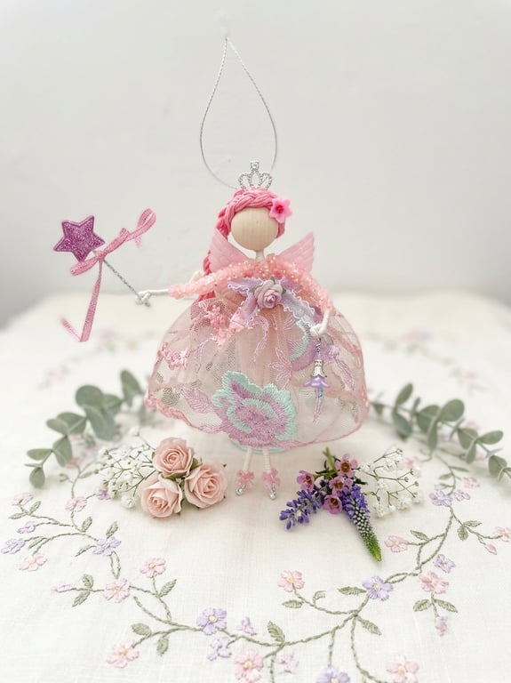 Beautiful handmade pink hanging Fairy, Nursery wall art, new baby gift, doll art