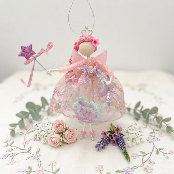 Beautiful handmade pink hanging Fairy, Nursery wall art, new baby gift, doll art