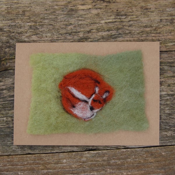 sleeping fox  needle felt wool card, birthday card, get well card