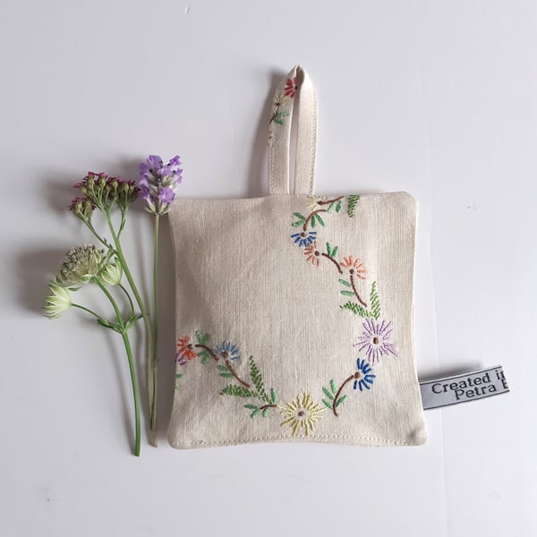 Upcycled embroidered linen lavender bag 