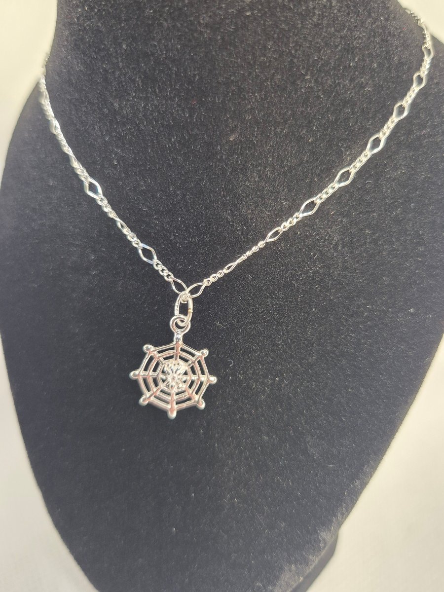 Stunning Sterling Silver Spider’s Web Pendant on a Dainty Silver Figaro Chain