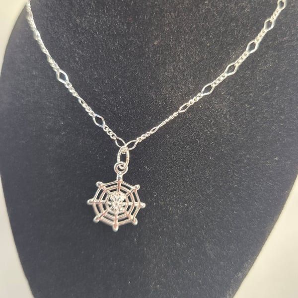 Stunning Sterling Silver Spider’s Web Pendant on a Dainty Silver Figaro Chain