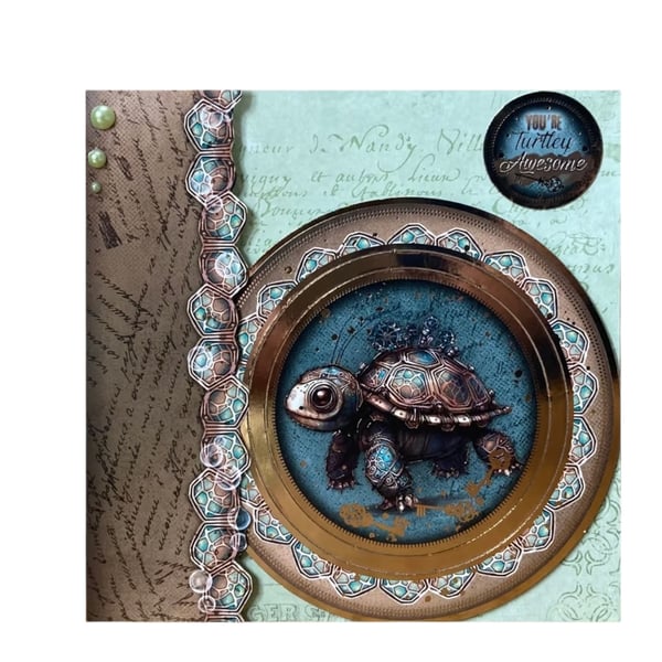 Steampunk Animal Card. Steampunk fantasy turtle greetings card for him or her.