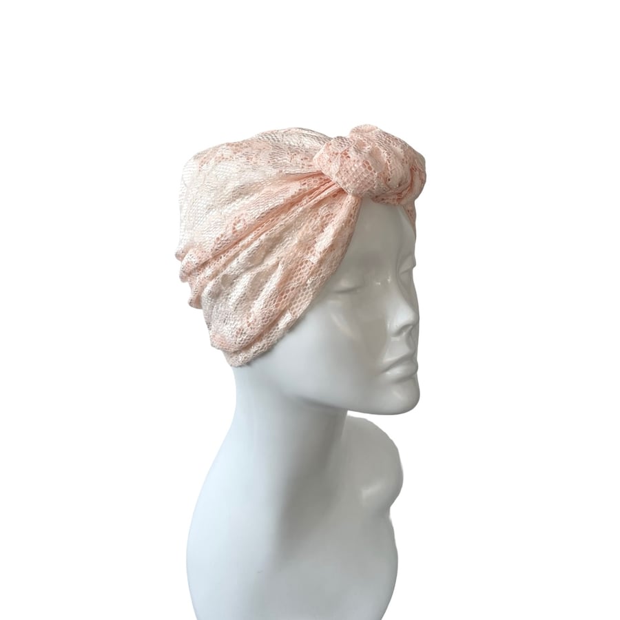 Blush Pink Turban Hat for Women Stretchy Lace Summer Cap Hair Loss Alopecia
