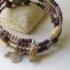 Memory Wire Bracelet Madagascan Fossil Earth Tones Bead Feather KCJ1822
