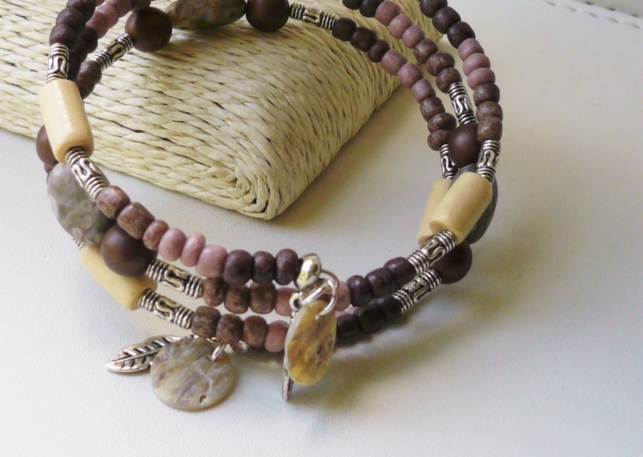 Memory Wire Bracelet Madagascan Fossil Earth Tones Bead Feather KCJ1822