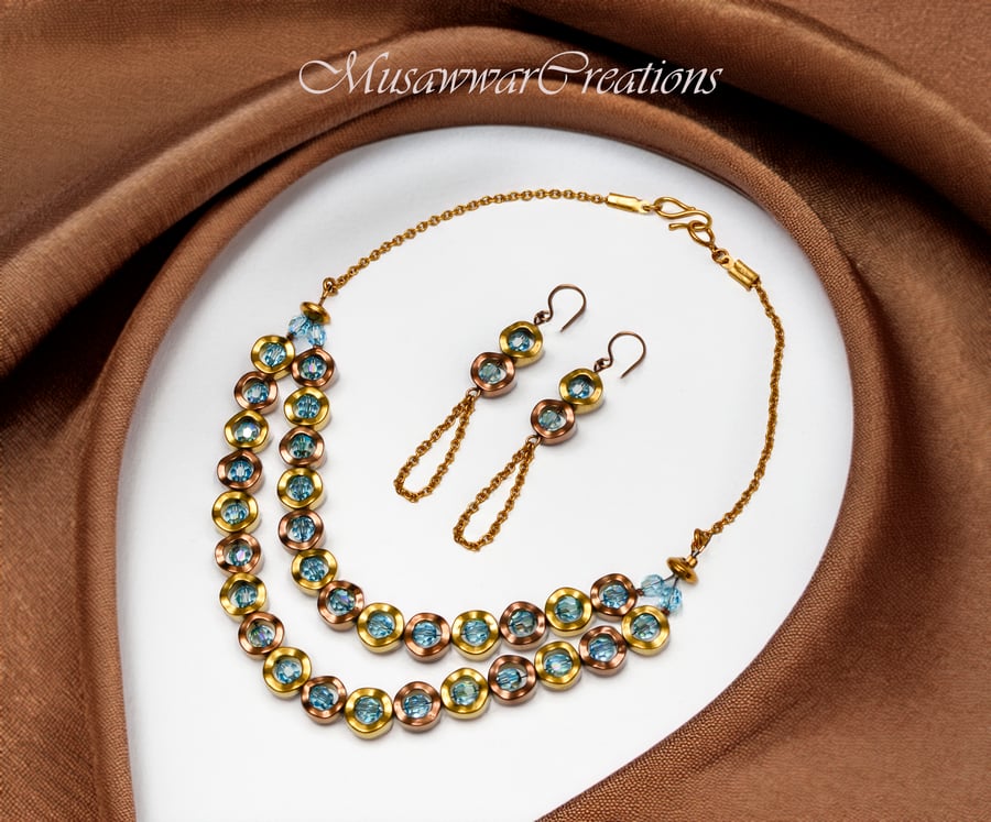 Elegant Blue Swarovski and Hematite Gold Necklace & Earring Set – Handcrafted St