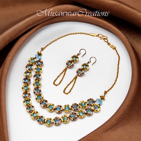 Elegant Blue Swarovski and Hematite Gold Necklace & Earring Set – Handcrafted St
