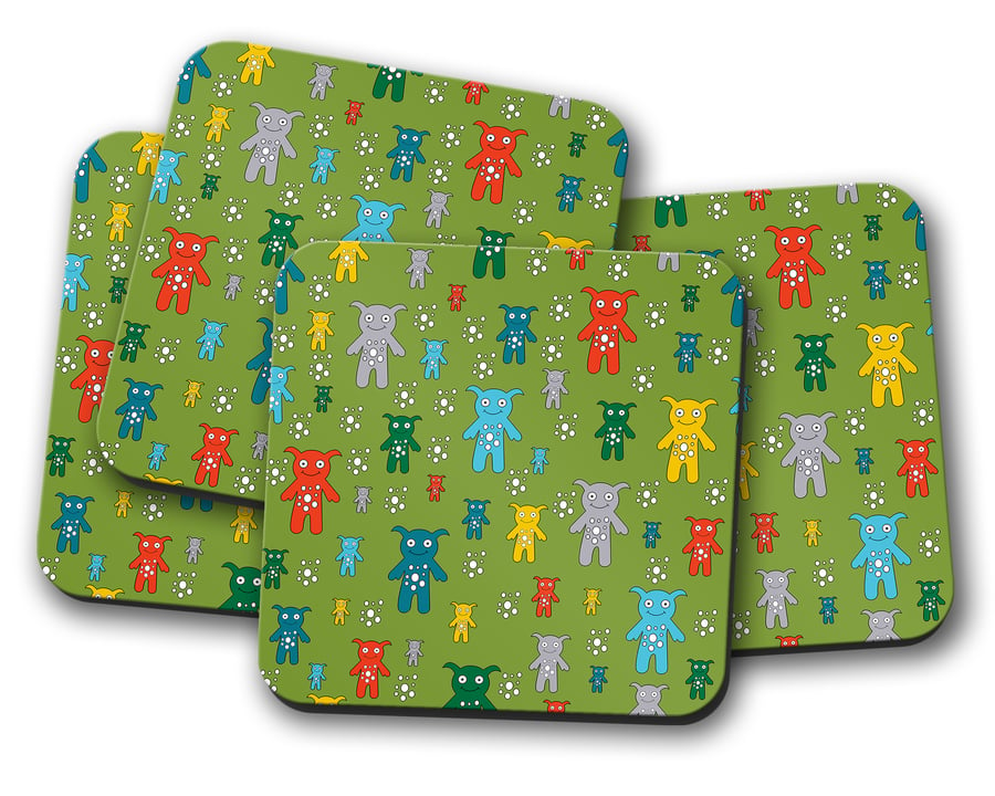 Set of 4 Green with Multicoloured Cute Monsters Design Coasters