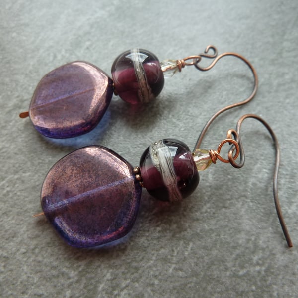 copper, purple lampwork glass earrings