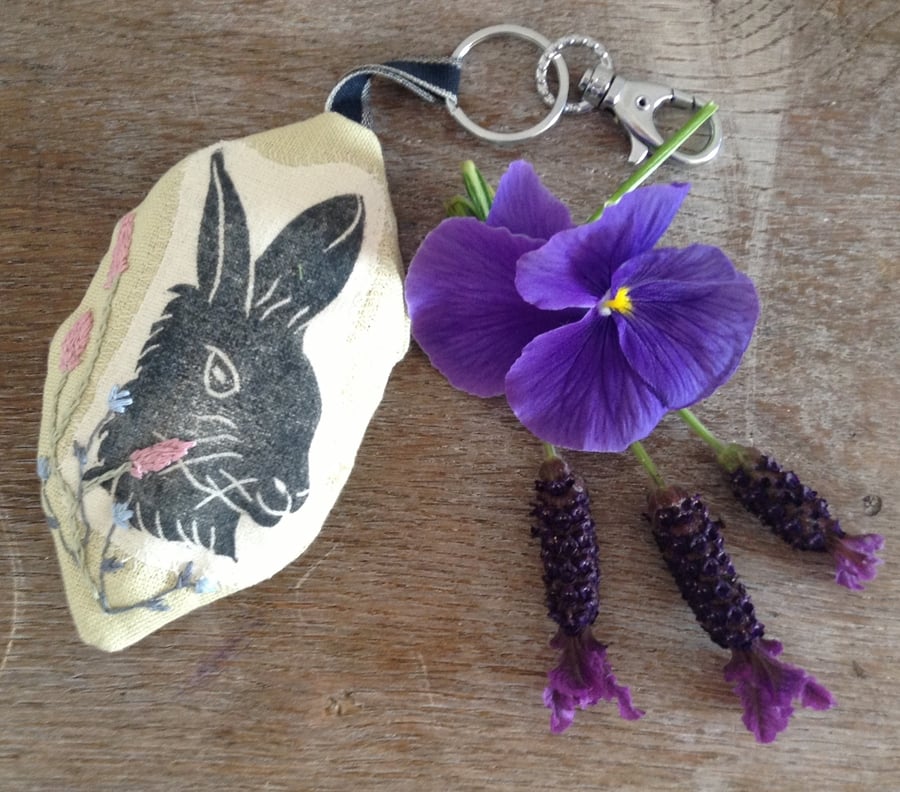 Hand printed Embroidered lavender sachet keyring
