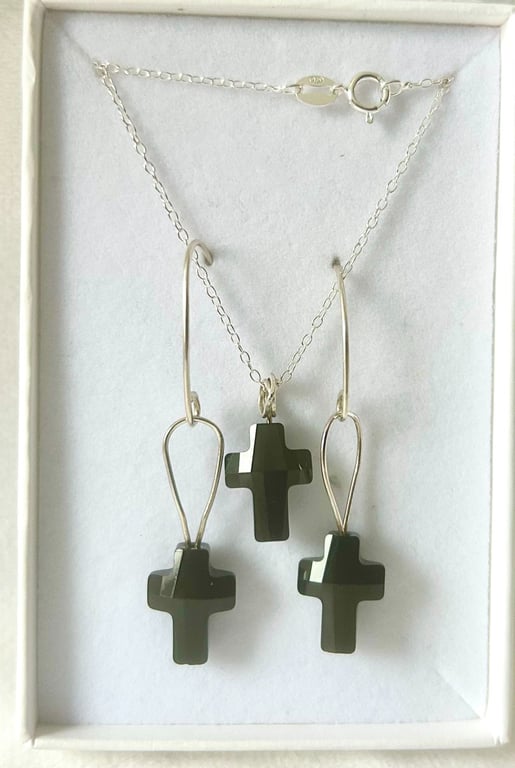 Sterling Silver and Swarovski Crystal Cross Necklace and Earrings Jewelry Set