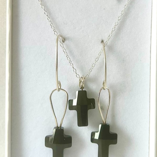 Sterling Silver and Swarovski Crystal Cross Necklace and Earrings Jewelry Set