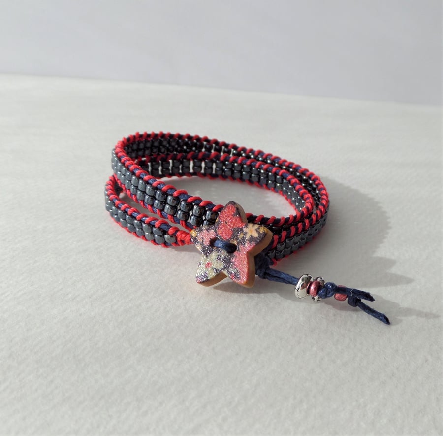 Blue-Black Double Wrap Bracelet, Coral stitching
