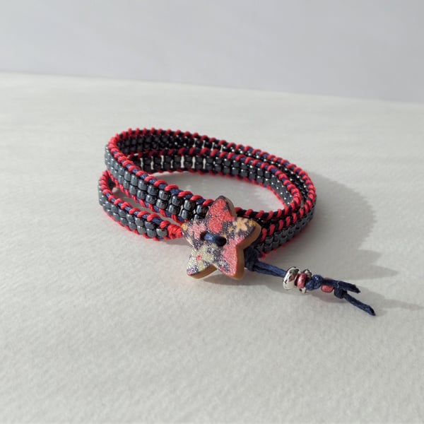 Blue-Black Double Wrap Bracelet, Coral stitching