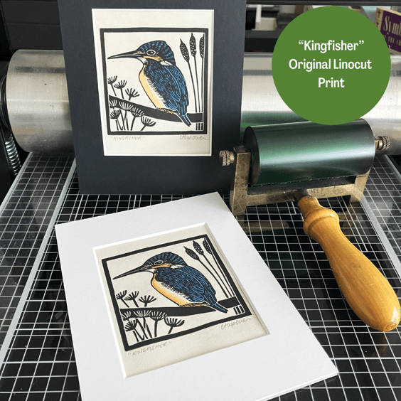 Lino Print - Kingfisher - Original Print - Hand Printed