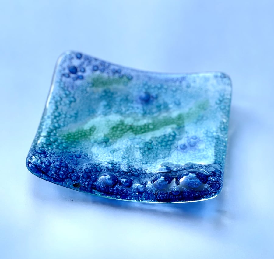 Blue and Green sea fused glass trinket dish