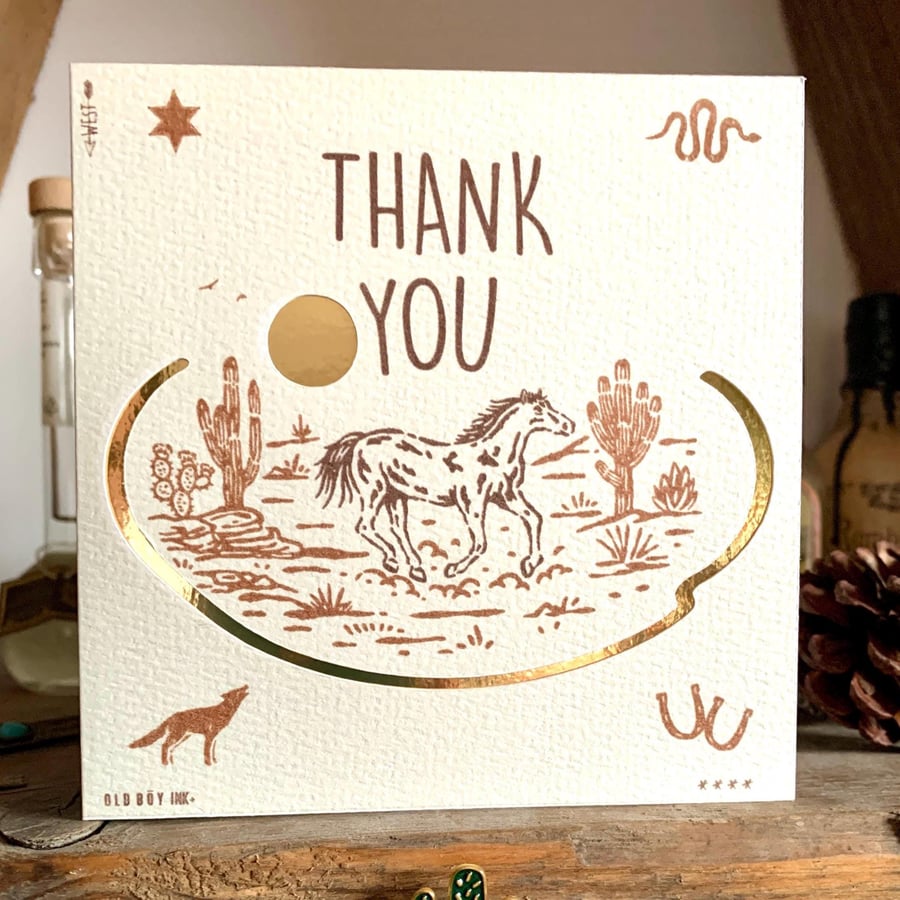 Western Wild Horse Handmade Thank You Card - Off White & Gold