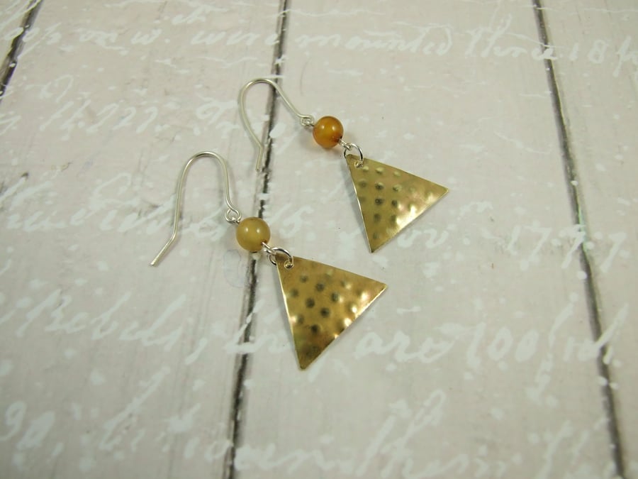 Earrings,  Brass & Sterling Silver Hammered Triangle Earrings, Christmas Trees